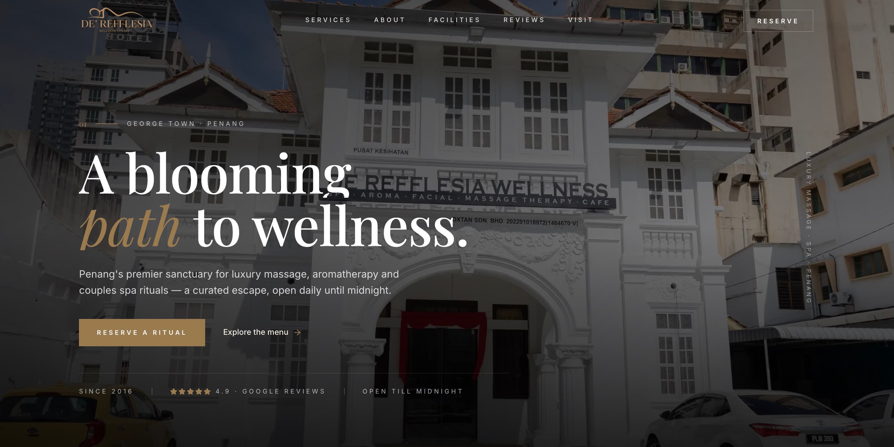 Redesigned De' Refflesia home page: the wellness centre's white shophouse in George Town behind a serif headline reading A blooming path to wellness.